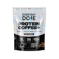 Silver and black pouch labeled Everyday Dose Protein Coffee Cold Brew with coffee beans and nutrition callouts