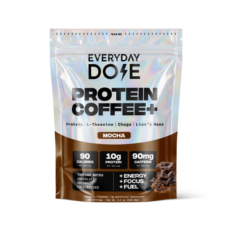Everyday Dose mocha protein coffee pouch with 10g protein 90mg caffeine and chocolate graphics