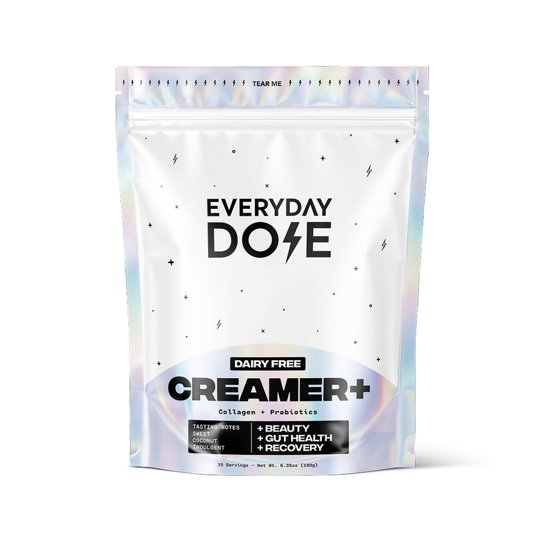 Front view of Everyday Dose Dairy Free Creamer+ 15‑serving pouch showing CREAMER+ label, collagen and probiotics