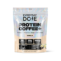 Vanilla protein coffee powder pouch labeled Everyday Dose with 90 calories 10g protein and 90mg caffeine
