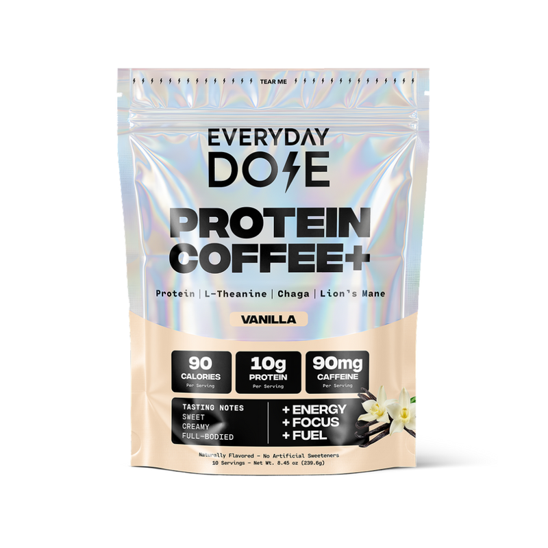 Vanilla protein coffee powder pouch labeled Everyday Dose with 90 calories 10g protein and 90mg caffeine