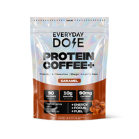 Caramel flavored protein coffee pouch labeled Everyday Dose with 90 calories 10g protein and 90mg caffeine