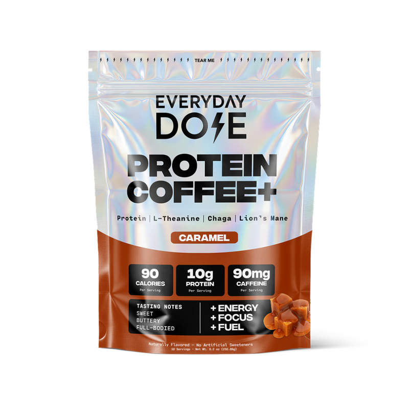 Caramel flavored protein coffee pouch labeled Everyday Dose with 90 calories 10g protein and 90mg caffeine