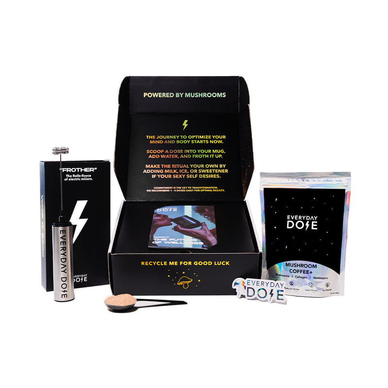 30 Serving Coffee Starter Kit with functional mushroom blend, nootropics and collagen protein in black gift box packaging