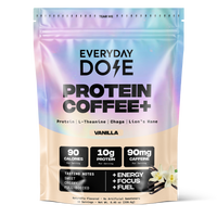 Colorful package of vanilla protein coffee with 90 calories, 10g protein, and 90mg caffeine per serving