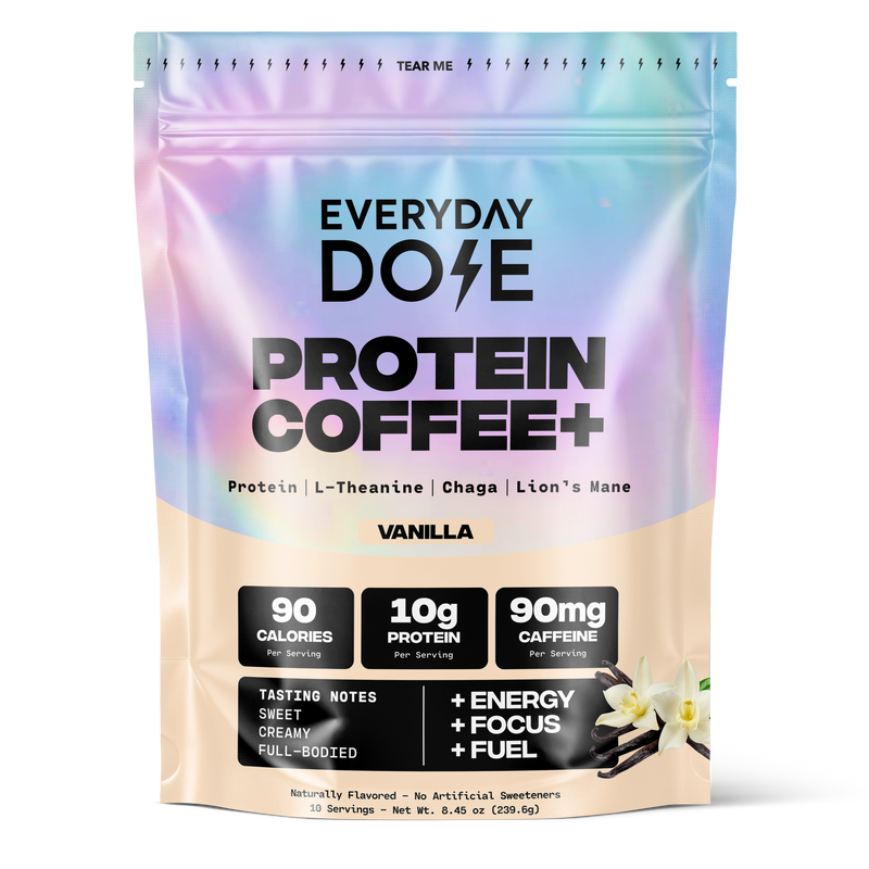 Colorful package of vanilla protein coffee with 90 calories, 10g protein, and 90mg caffeine per serving