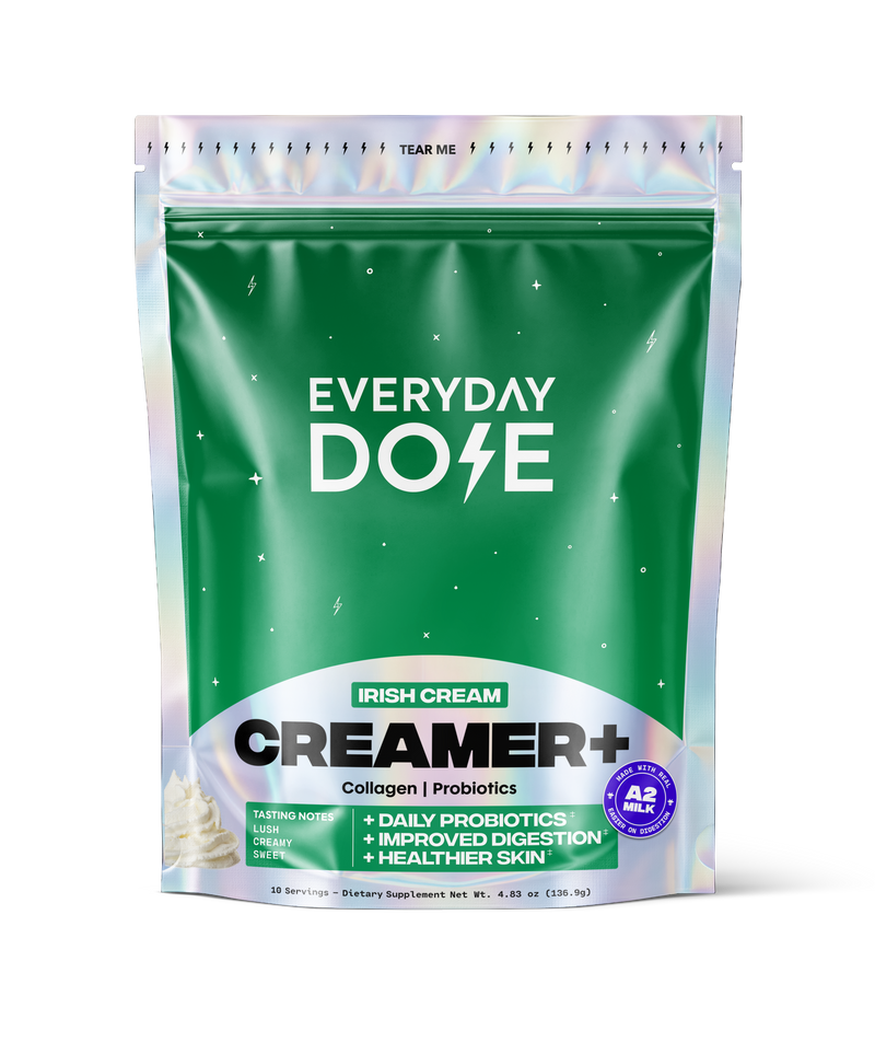 Green resealable bag of Irish Cream creamer with collagen and probiotics featuring health benefit text on front design