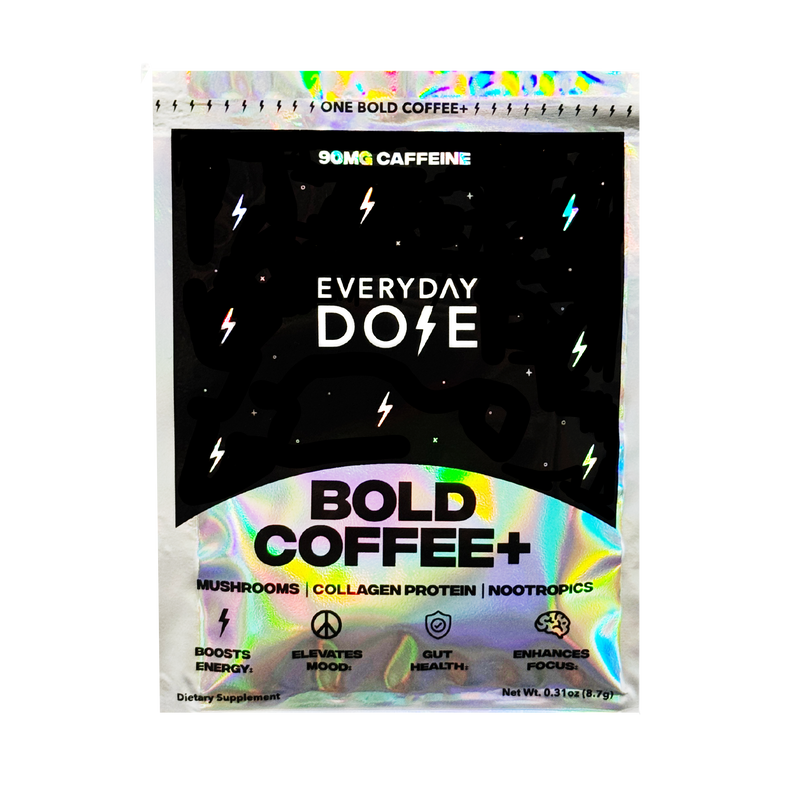 Bold Coffee+ Sachet packaging showing 90mg caffeine with mushrooms, collagen protein, and nootropics for energy and focus.