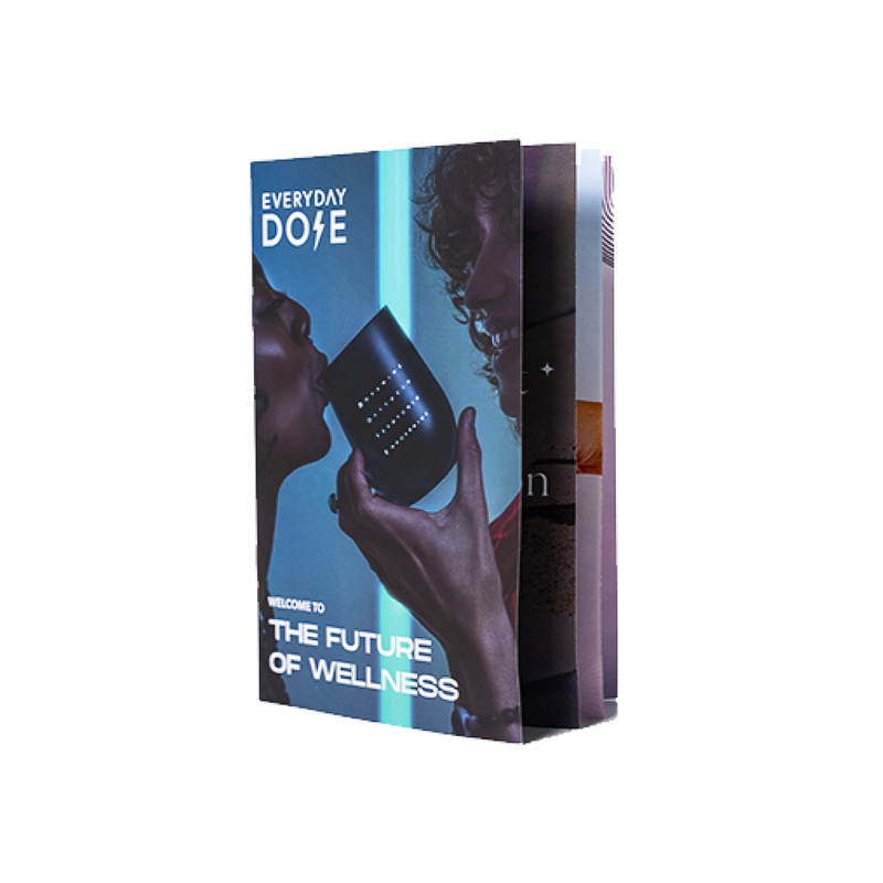 Wellness Booklet featuring futuristic blue design with silhouettes and digital device, titled Everyday Dose Future of Wellness