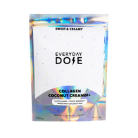 Holographic pouch of Collagen Coconut Creamer Plus featuring Everyday Dose branding on white background with iridescent accents