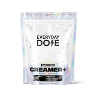 White resealable pouch with holographic accents labeled Everyday Dose Dairy Free Creamer Plus, featuring collagen and probiotics, with benefits for beauty, gut health, and recovery.