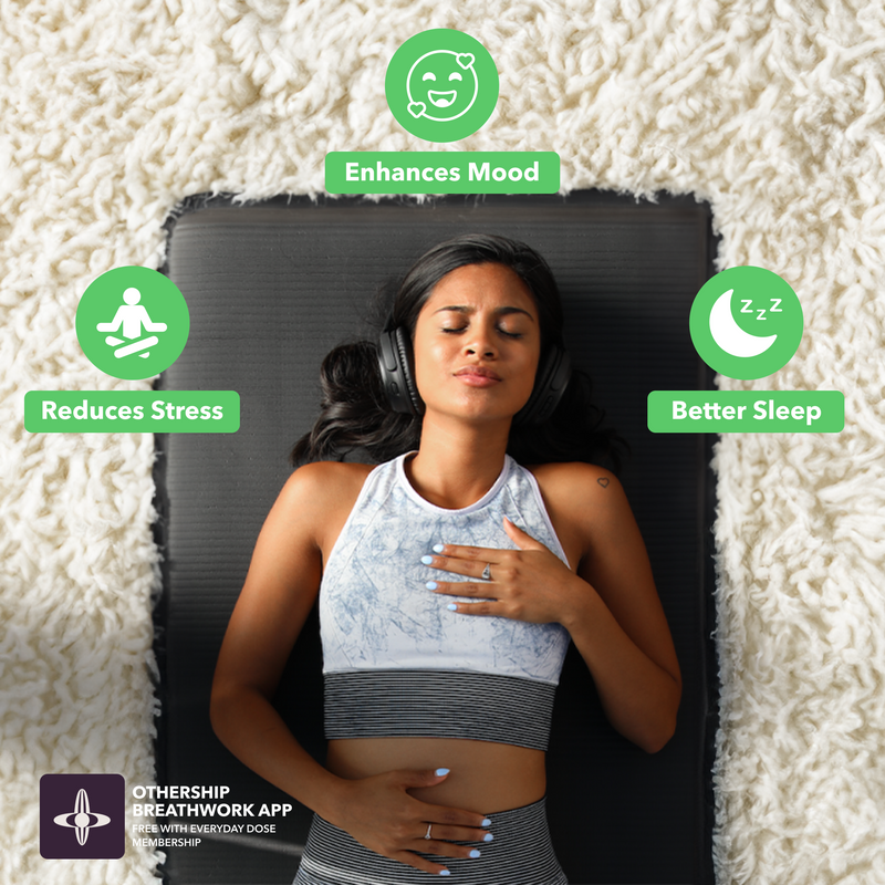 Mushroom Matcha benefits diagram showing three key features: mood enhancement, stress reduction, and improved sleep quality