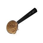 Angled view of metal spoon holding powdered mushroom coffee with black handle stamped ‘Everyday Dose’ on white background