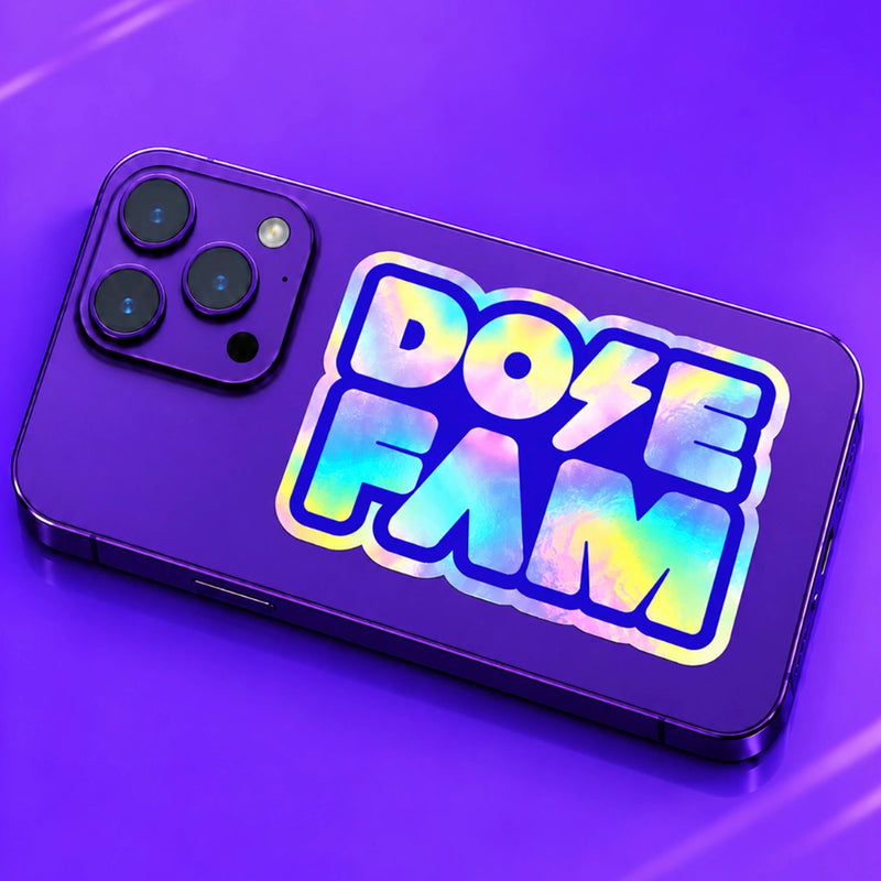 Purple smartphone case featuring a large iridescent block letter graphic with blue pink and yellow highlights on a violet background