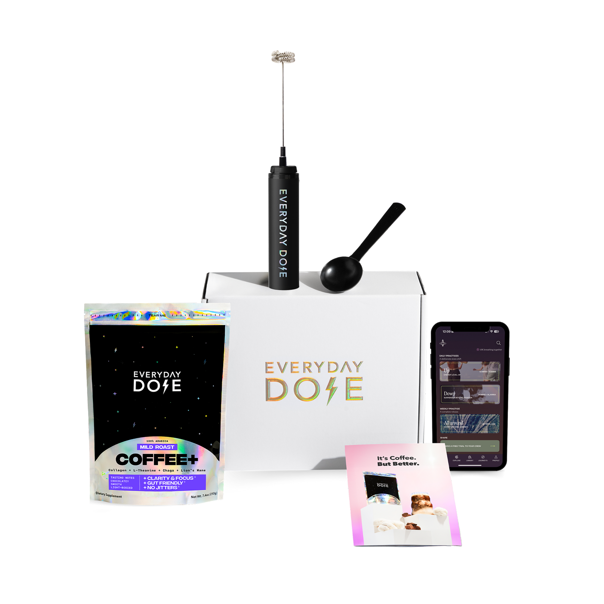 Coffee brewing kit with bag of coffee, frother, scoop, guidebook, and smartphone displaying app interface on white background