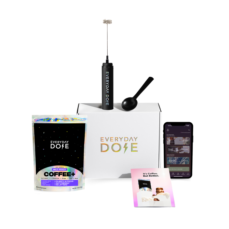 Everyday Dose 30 servings package with Coffee+, frother, scoop, brochure, and app on white background gallery position 1