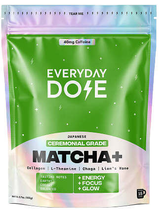 Green and iridescent packet labeled Everyday Dose Matcha+ with caffeine and functional ingredient details on front.