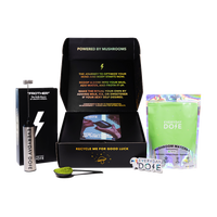 Mushroom Matcha starter kit with black box, green powder packet and metal water bottle against white background