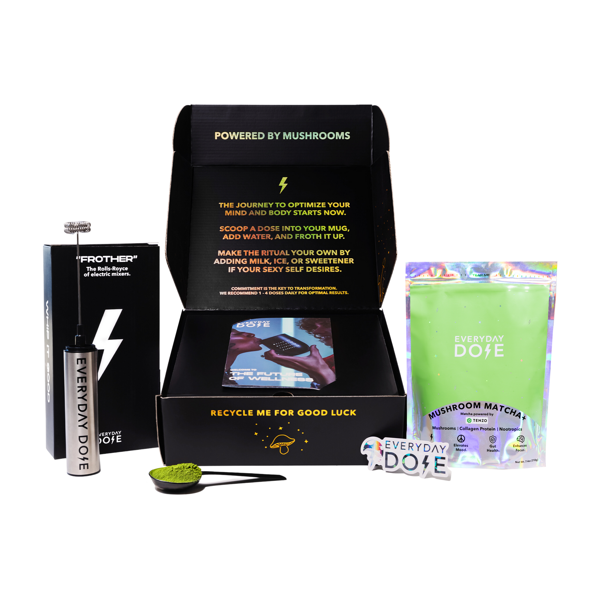 Mushroom Matcha starter kit with black box, green powder packet and metal water bottle against white background