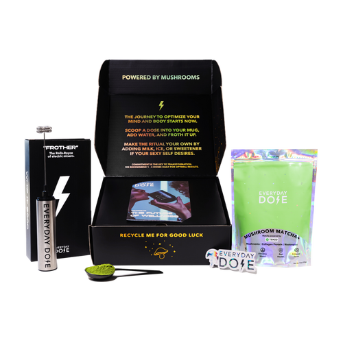 Mushroom Matcha starter kit with black box, green powder packet and metal water bottle against white background