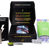 Mushroom Matcha+ starter kit with measuring spoon, powder package and drink mix accessory in black gift box display