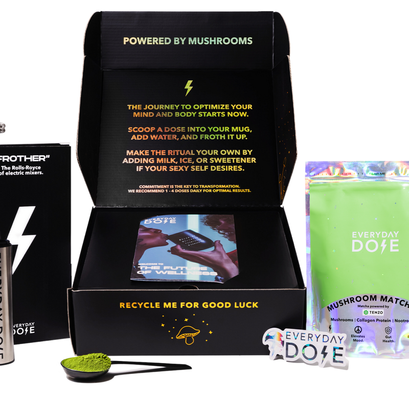 Mushroom Matcha+ starter kit with measuring spoon, powder package and drink mix accessory in black gift box display