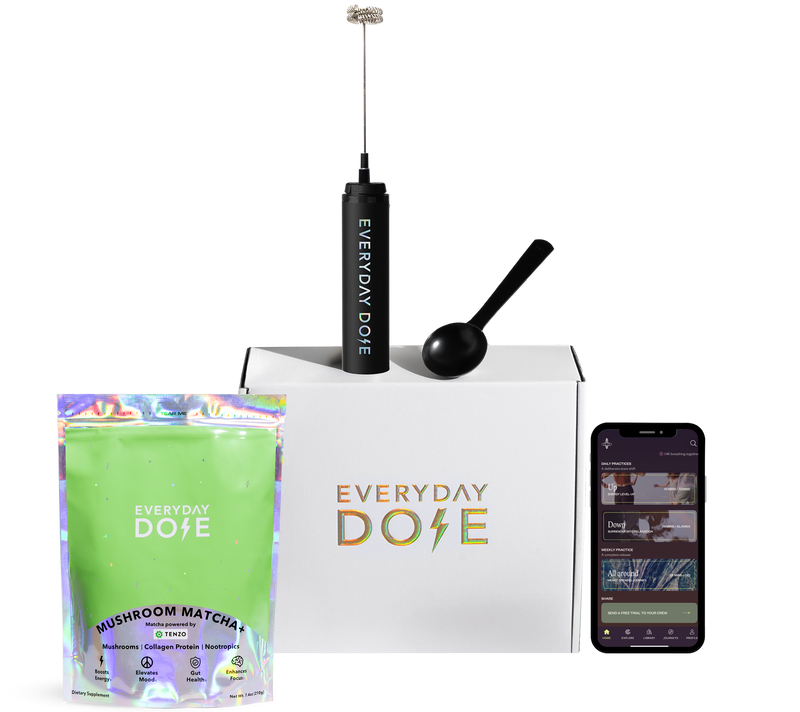 Front view of Everyday Dose Mushroom Matcha kit with pouch, branded box, frother, scoop, and phone app on white background