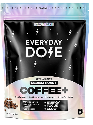 Iridescent coffee pouch labeled Everyday Dose with medium roast, caffeine content, and functional ingredients listed on front.
