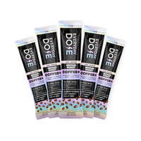 Five medium roast coffee stick packs with dark packaging and colorful accents arranged in a fan shape with coffee bean illustrations at the bottom