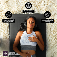 Woman wearing headphones lying on mat with icons showing mood, stress relief, and sleep quality benefits gallery position 1