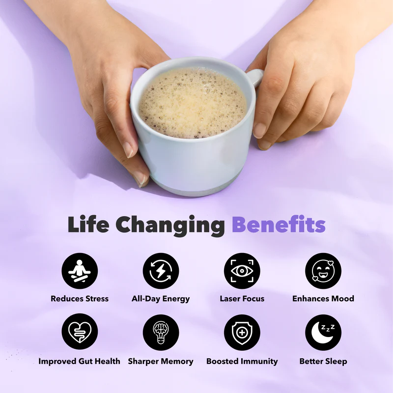 Hands holding mug of frothy coffee above icons listing benefits like focus, mood, energy, and gut health in gallery position 1