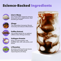 Iced mushroom coffee blend with science-backed ingredients including Lions Mane, Chaga, collagen and L-theanine