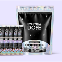 Front view of Everyday Dose Coffee Plus medium roast mushroom coffee pouch with five stick packs showing 30 servings claim on light purple background