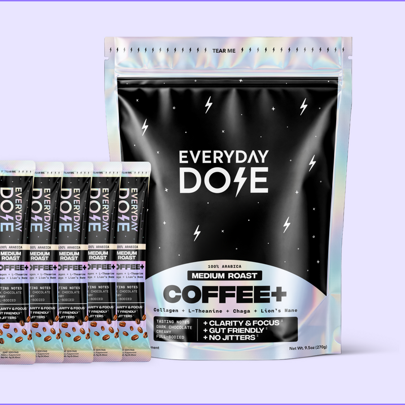 Front view of Everyday Dose Coffee Plus medium roast mushroom coffee pouch with five stick packs showing 30 servings claim on light purple background