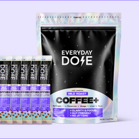 Front view of Everyday Dose Coffee Plus mushroom coffee pouch with five stick packs showcasing single-serve sticks and resealable pouch on light purple background