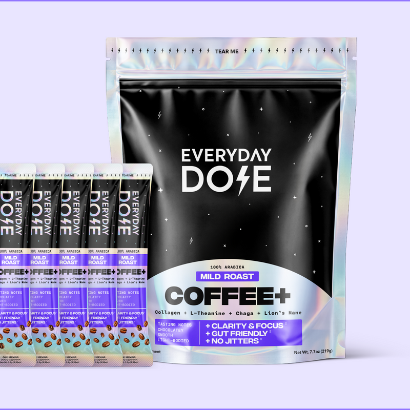 Front view of Everyday Dose Coffee Plus mushroom coffee pouch with five stick packs showcasing single-serve sticks and resealable pouch on light purple background