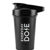 Black protein shaker bottle with a flip-top lid and white vertical text reading Everyday Dose