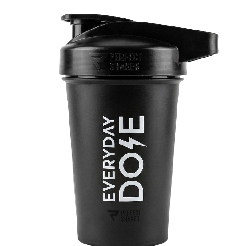 Black protein shaker bottle with a flip-top lid and white vertical text reading Everyday Dose