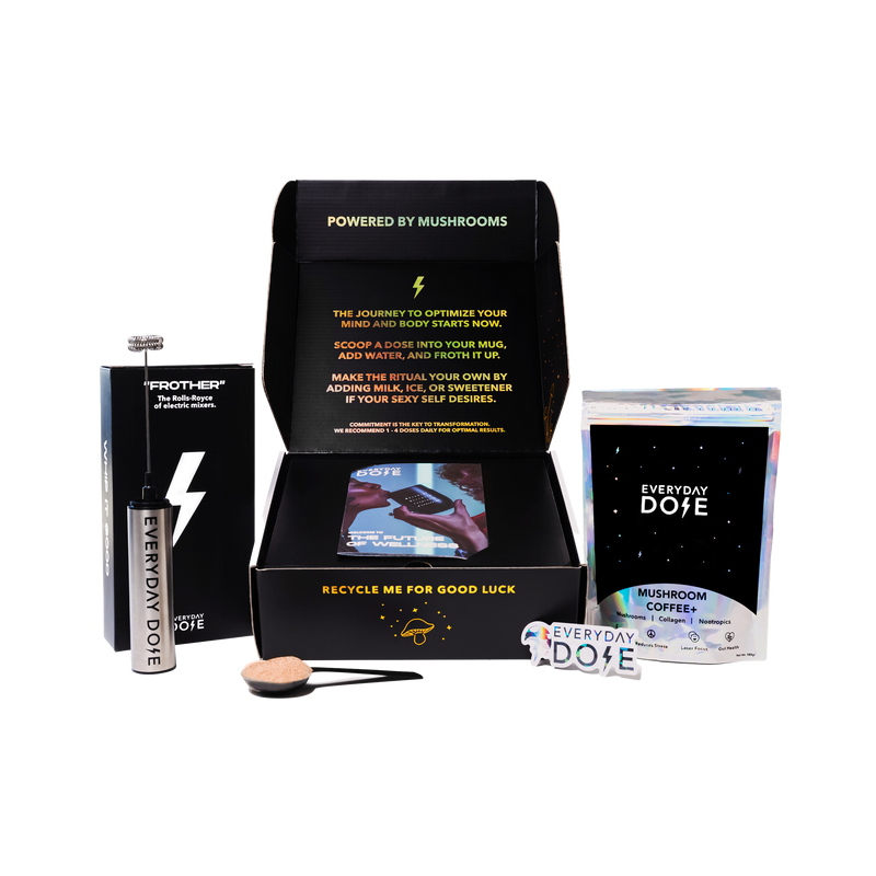 Mushroom Coffee starter kit with 30 servings displayed in black packaging box with branded accessories and spoon