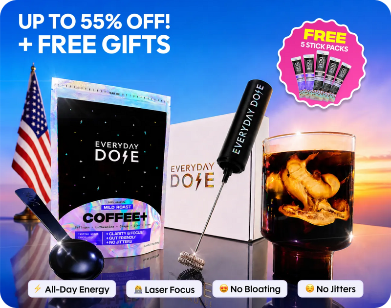 Front view of Everyday Dose Coffee+ bag, frother, scoop and glass of coffee with ‘UP TO 55% OFF + FREE GIFTS’ text on blue background