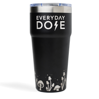 Black tumbler with Everyday Dose text and decorative mushroom silhouettes at base, stainless steel rim