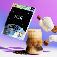 30 Servings Bold Coffee+ package with creamy iced coffee drink and floating coconut pieces against purple background
