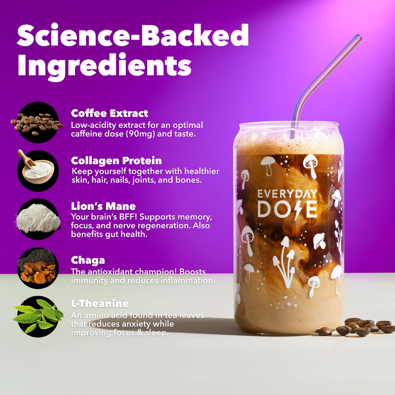 EVENTS 30 Servings Bold Coffee+ with science-backed ingredients showing coffee extract, collagen, lions mane, chaga and L-theanine