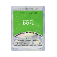 Mushroom Matcha Sample packet with health benefits including energy boost, stress reduction, mood enhancement and gut health