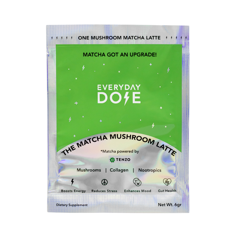 Mushroom Matcha Sample packet with health benefits including energy boost, stress reduction, mood enhancement and gut health